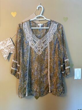 2for$15🌸-Krazy Kat Olive & Royal Blue Paisley Sheer Boho Tunic